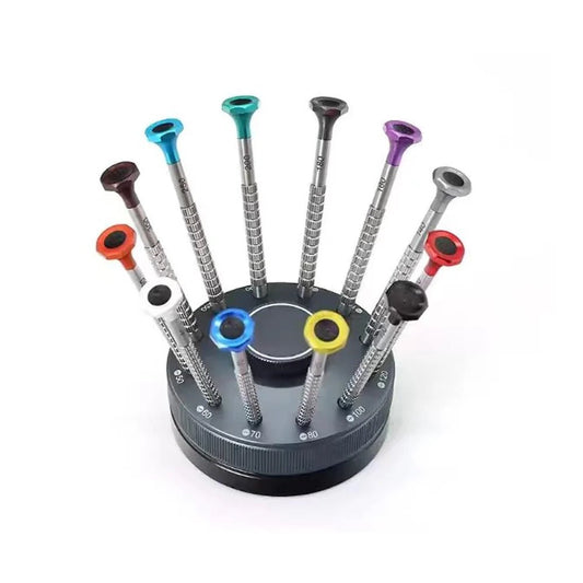 Horovek HK-6062 12-piece watchmaker screwdriver set with colour-coded caps and organiser base