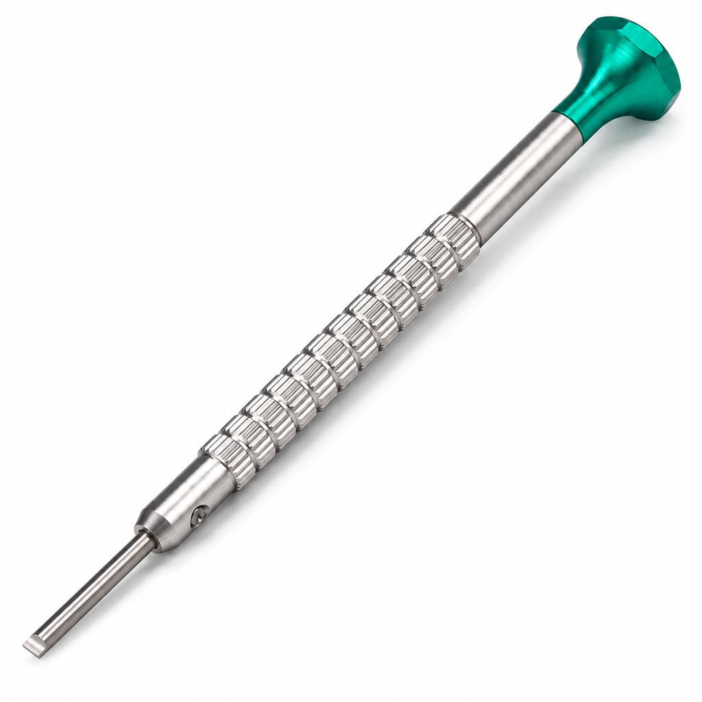 Horovek HK-6062 single precision watchmaker screwdriver with S2 steel T-cut blade and green rotating cap